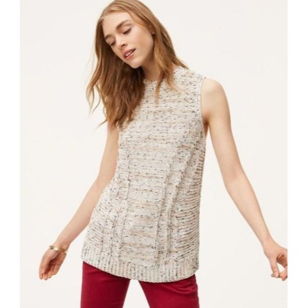 LOFT Womens Sleeveless Sweater Shell M Marled Beige Crewneck Cotton